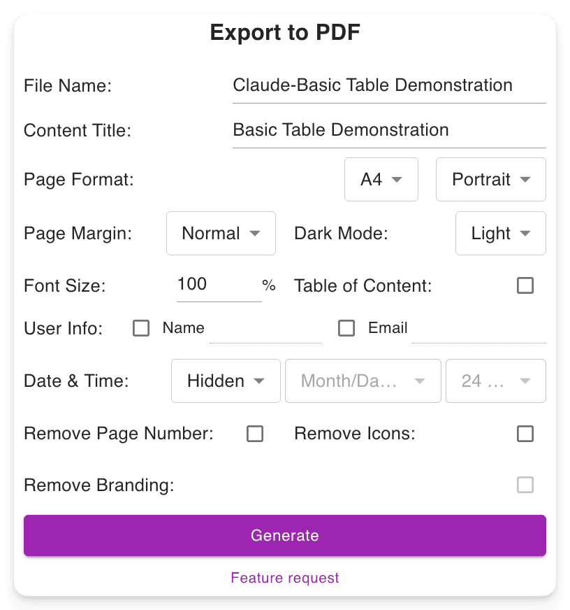 Claude Exporter feature: customizable download file settings